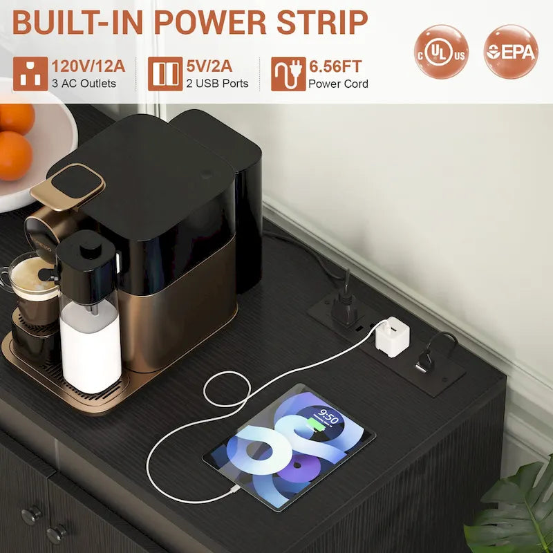 Meuble d’appoint à 4 portes avec prise électrique, éclairage LED et rangement type buffet