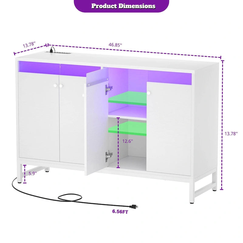 Meuble d’appoint à 4 portes avec prise électrique, éclairage LED et rangement type buffet