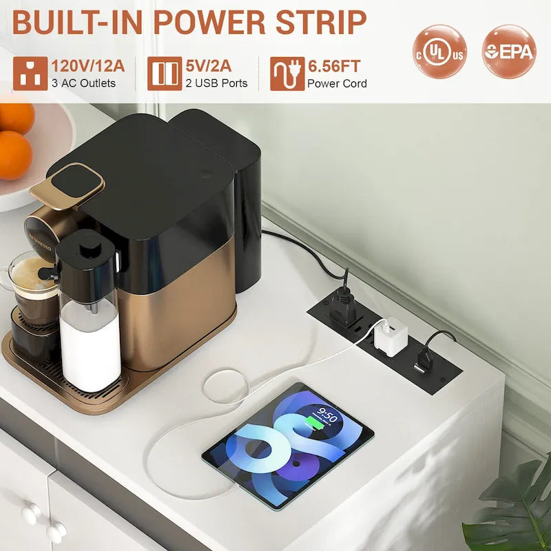Meuble d’appoint à 4 portes avec prise électrique, éclairage LED et rangement type buffet