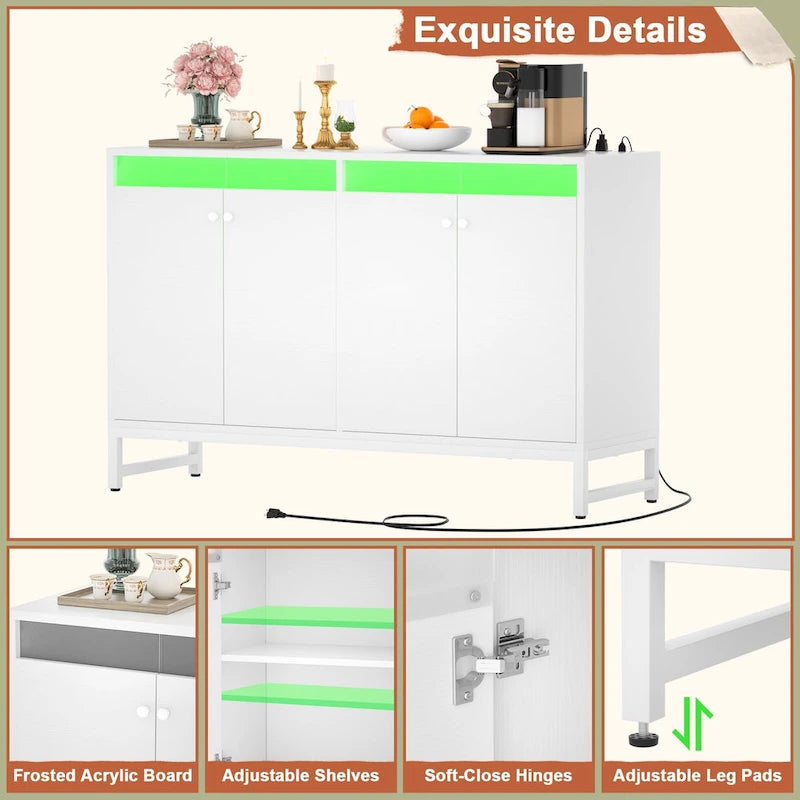 Meuble d’appoint à 4 portes avec prise électrique, éclairage LED et rangement type buffet