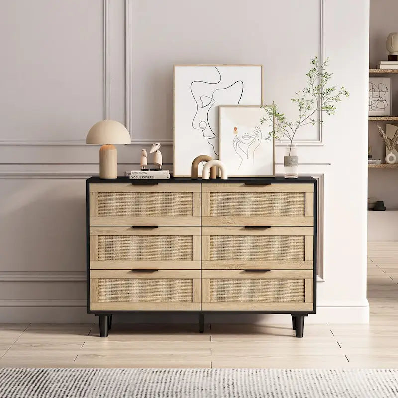 43.31-Inch 6-Drawer Rattan Storage Cabinet in Black for Bedroom and Living Room