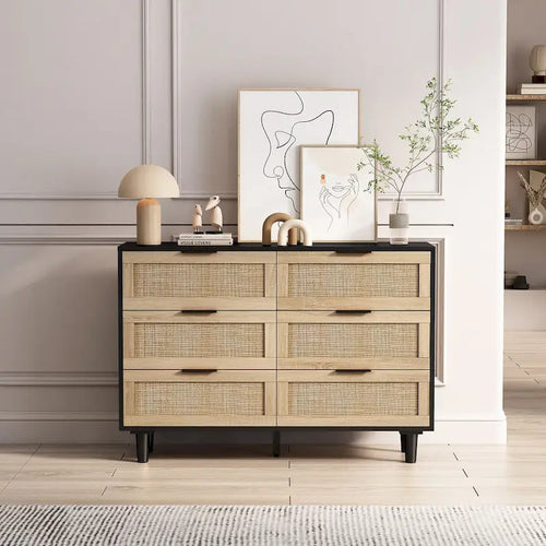 Meuble de rangement en rotin noir de 43.31 pouces avec 6 tiroirs pour chambre et salon