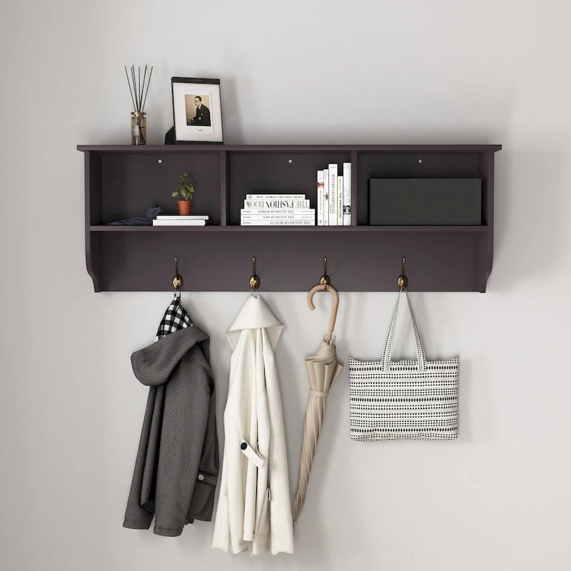 Porte-manteau mural pour entrée avec 4 doubles crochets et étagère de rangement en bois