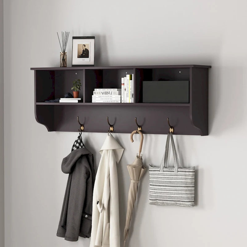 Entryway Wall Mounted Coat Rack with 4 Dual Hooks, Wooden Storage Shelf