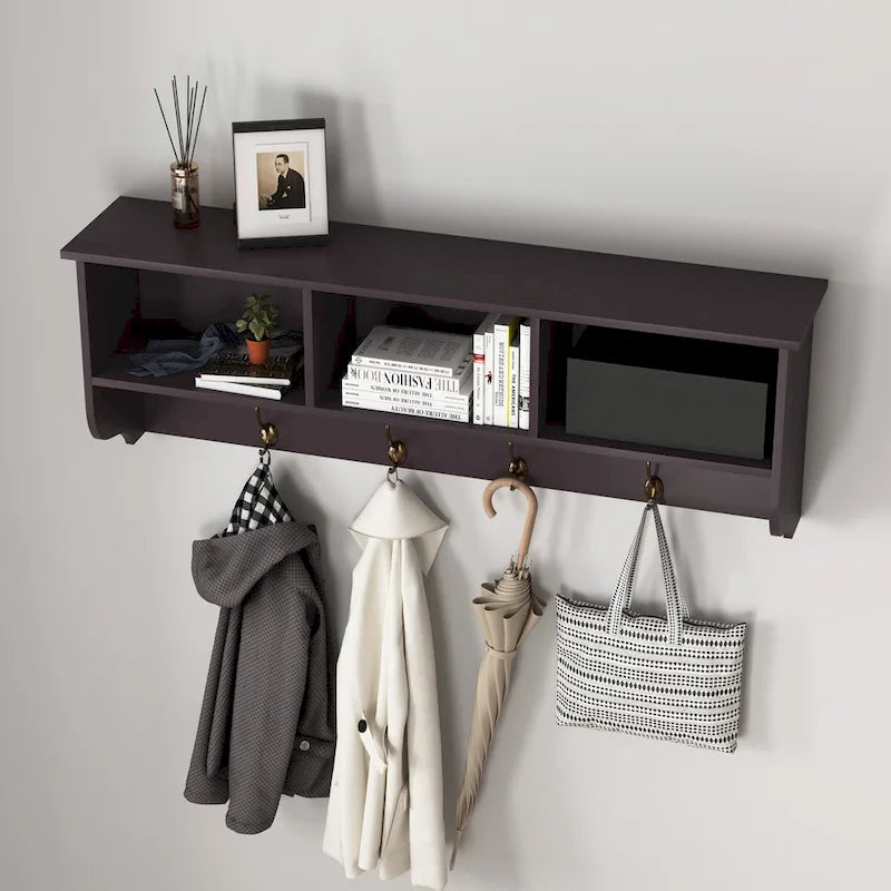 Porte-manteau mural pour entrée avec 4 doubles crochets et étagère de rangement en bois