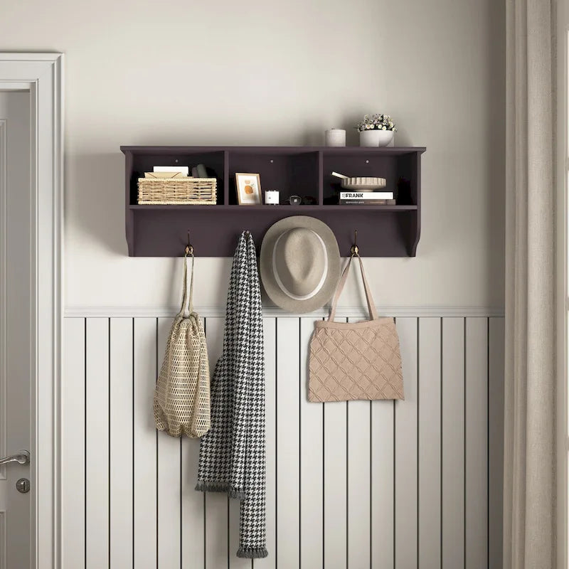 Porte-manteau mural pour entrée avec 4 doubles crochets et étagère de rangement en bois
