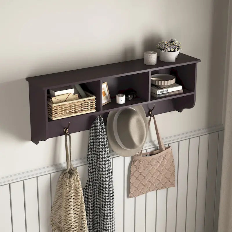Porte-manteau mural pour entrée avec 4 doubles crochets et étagère de rangement en bois