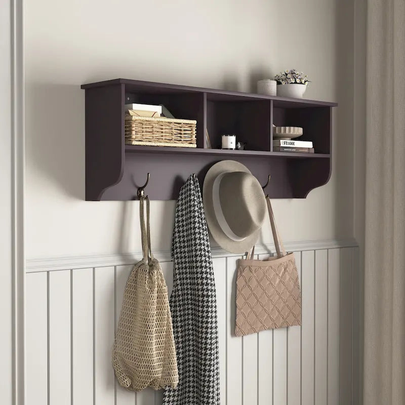 Porte-manteau mural pour entrée avec 4 doubles crochets et étagère de rangement en bois
