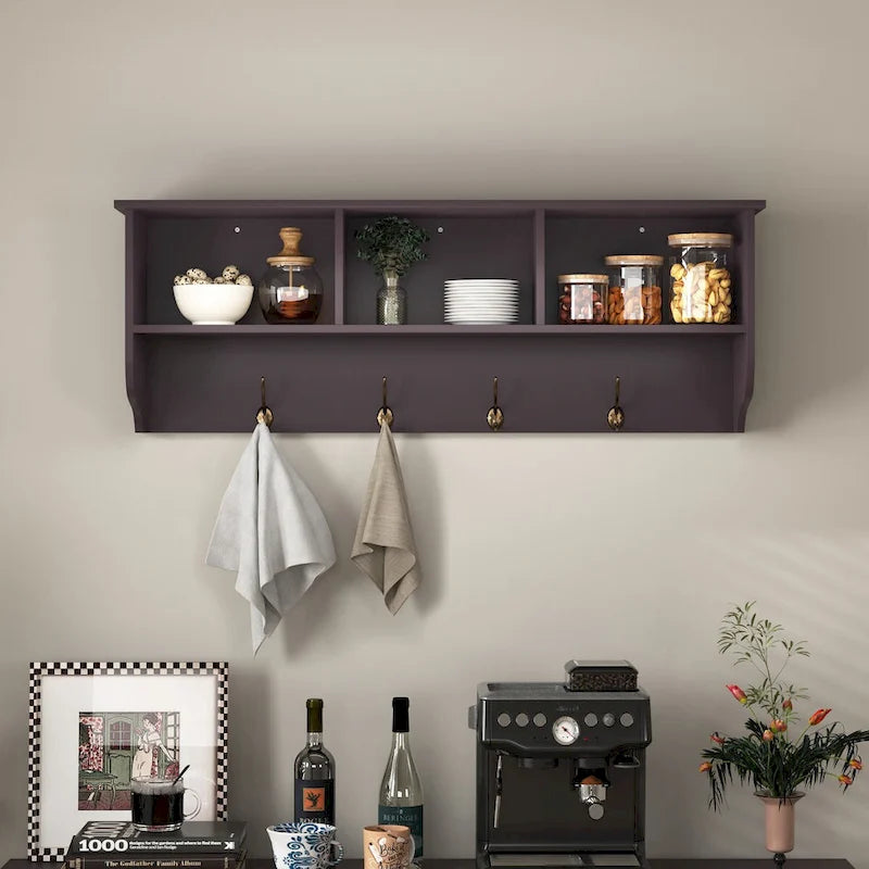 Porte-manteau mural pour entrée avec 4 doubles crochets et étagère de rangement en bois