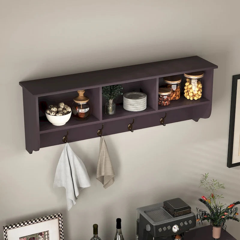 Porte-manteau mural pour entrée avec 4 doubles crochets et étagère de rangement en bois