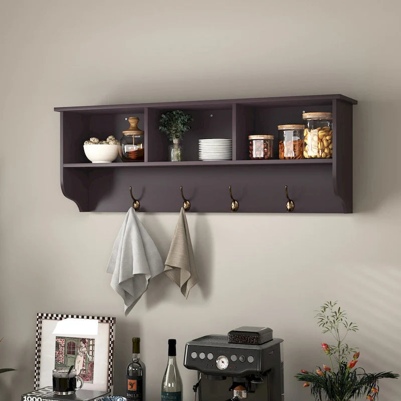 Porte-manteau mural pour entrée avec 4 doubles crochets et étagère de rangement en bois