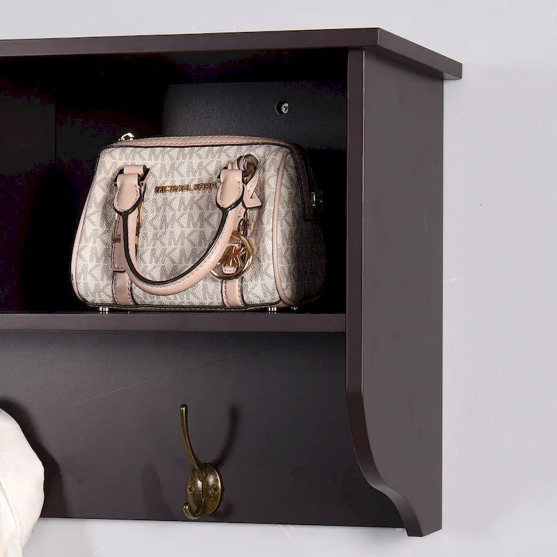 Porte-manteau mural pour entrée avec 4 doubles crochets et étagère de rangement en bois