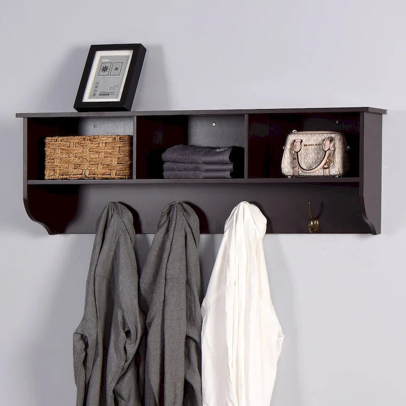 Porte-manteau mural pour entrée avec 4 doubles crochets et étagère de rangement en bois
