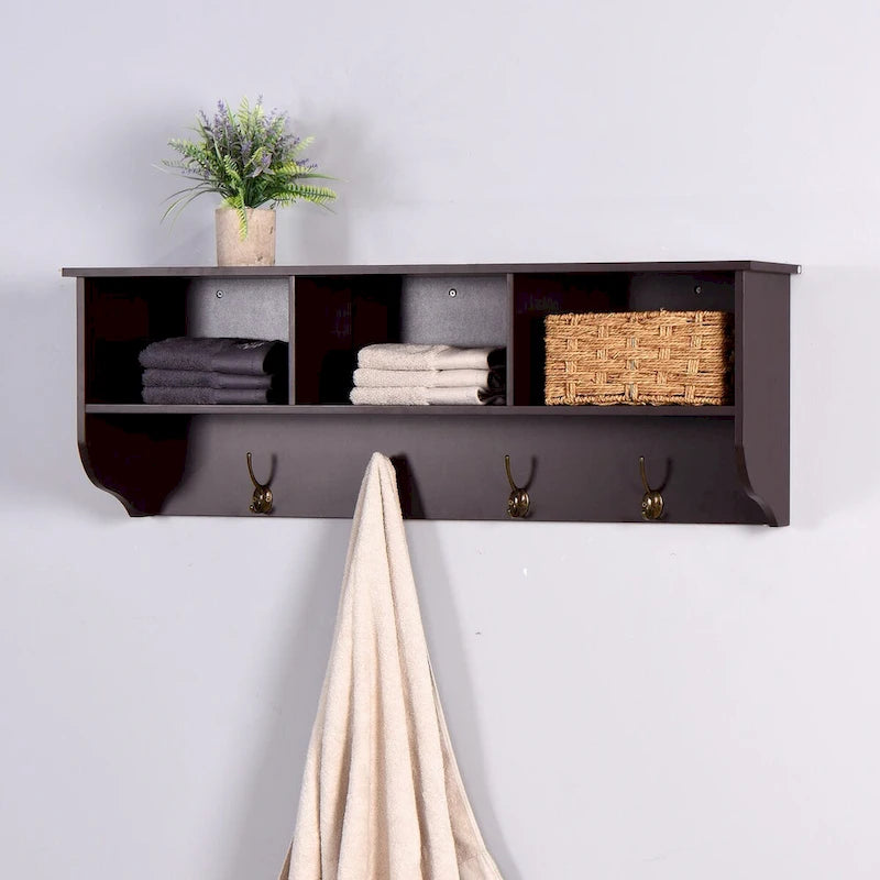 Porte-manteau mural pour entrée avec 4 doubles crochets et étagère de rangement en bois