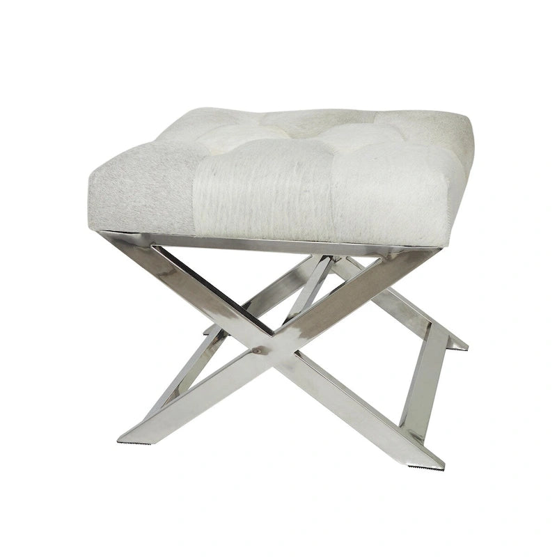 Leather Upholstered Tufted Home Bench with Silver Diagonal Base - Grey