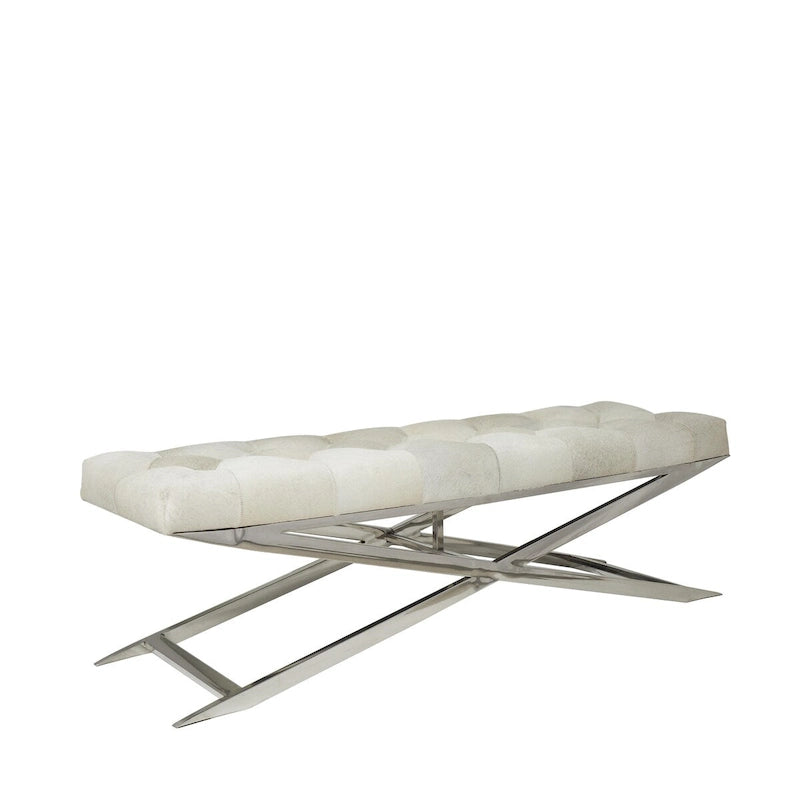 Leather Upholstered Tufted Home Bench with Silver Diagonal Base - Grey