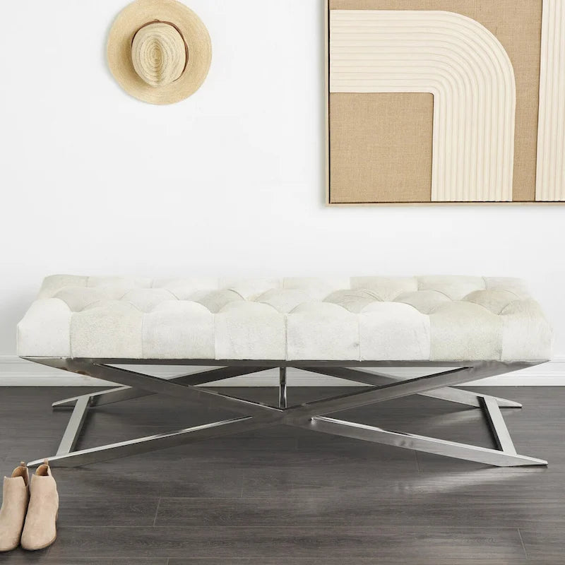 Leather Upholstered Tufted Home Bench with Silver Diagonal Base - Grey