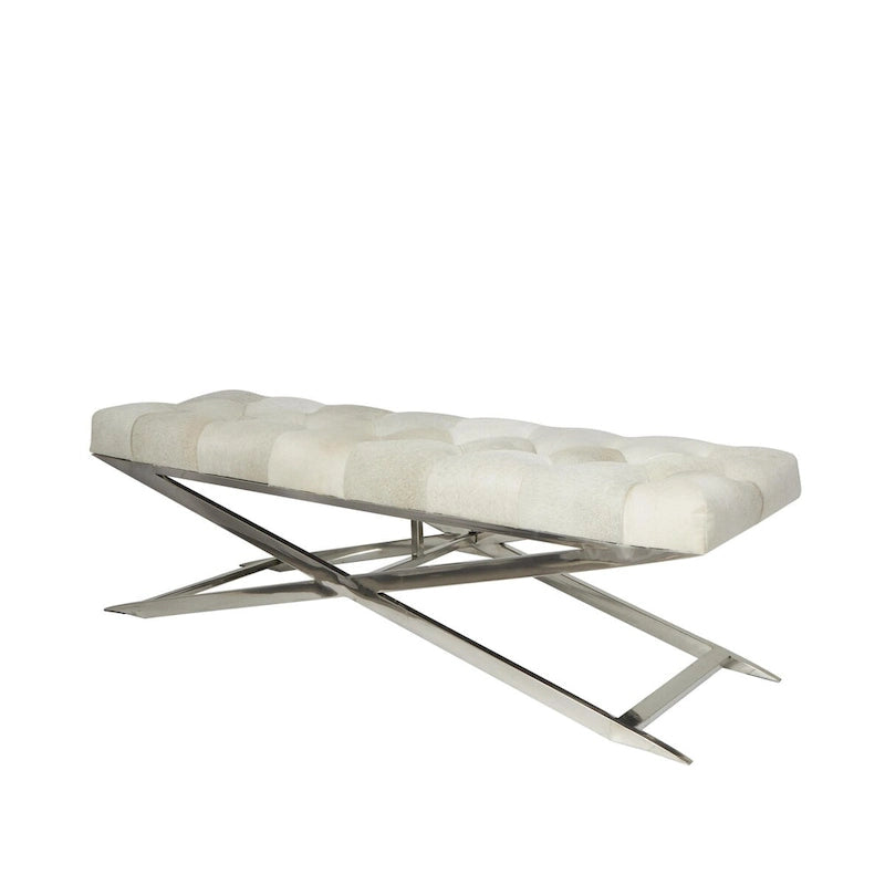 Leather Upholstered Tufted Home Bench with Silver Diagonal Base - Grey