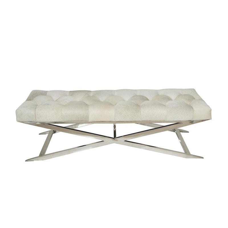 Leather Upholstered Tufted Home Bench with Silver Diagonal Base - Grey