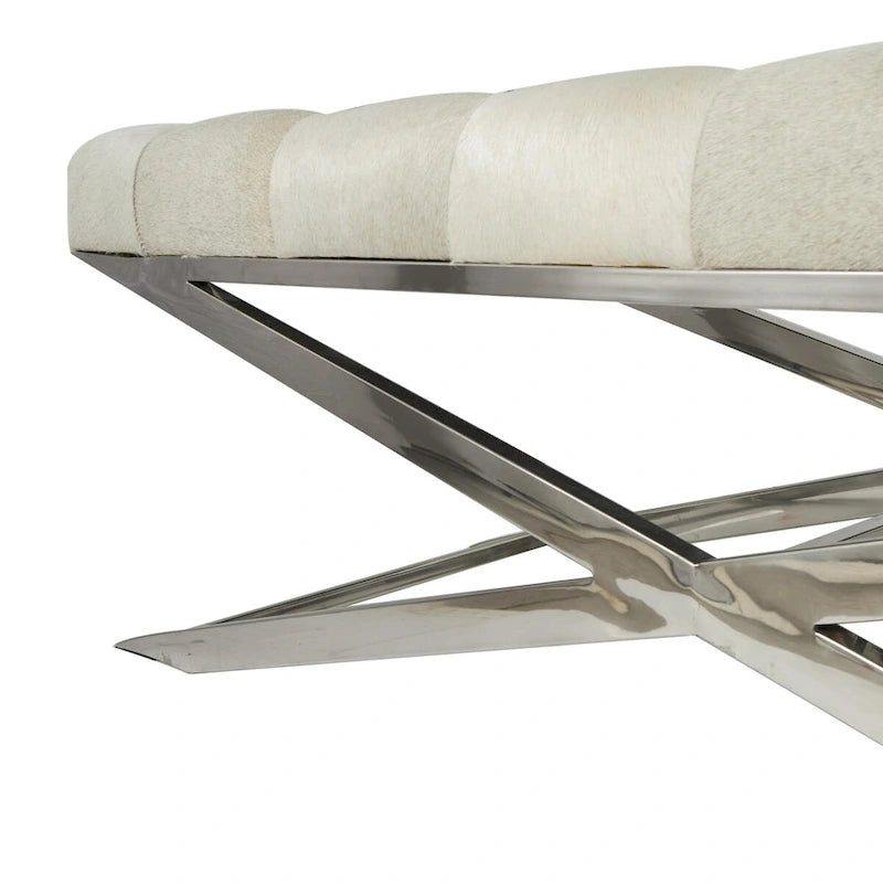 Leather Upholstered Tufted Home Bench with Silver Diagonal Base - Grey