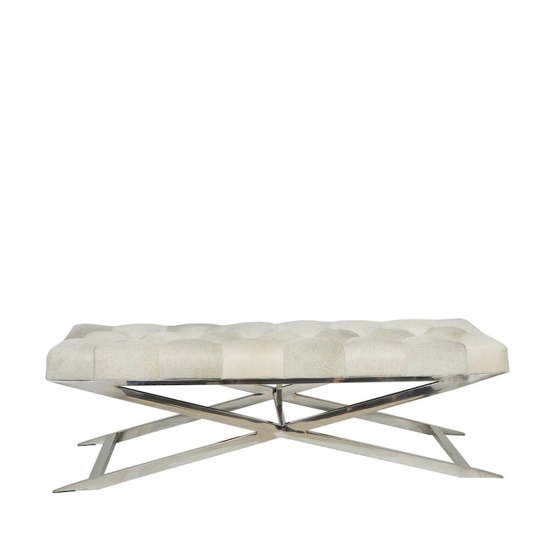 Leather Upholstered Tufted Home Bench with Silver Diagonal Base - Grey