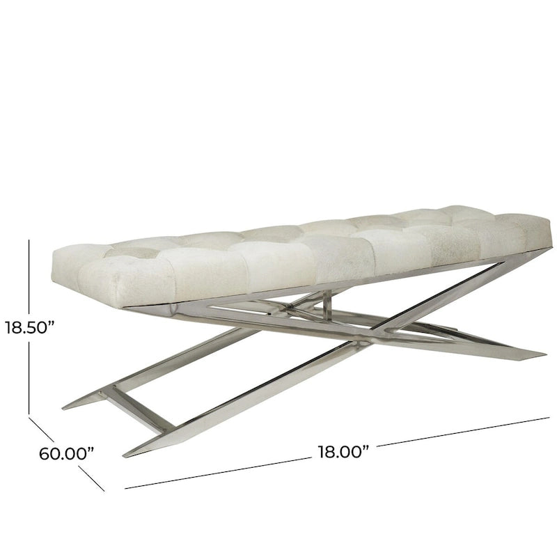 Leather Upholstered Tufted Home Bench with Silver Diagonal Base - Grey