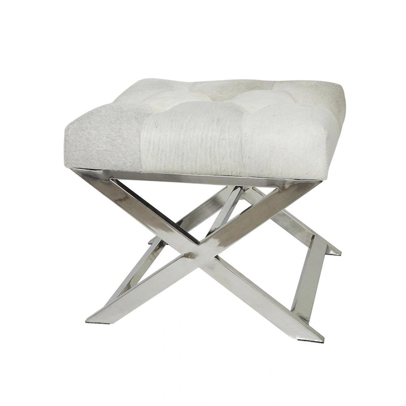 Leather Upholstered Tufted Home Bench with Silver Diagonal Base - Grey