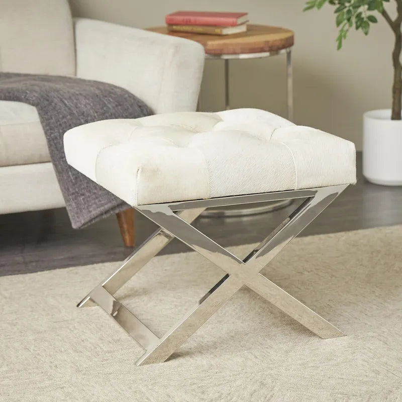 Leather Upholstered Tufted Home Bench with Silver Diagonal Base - Grey
