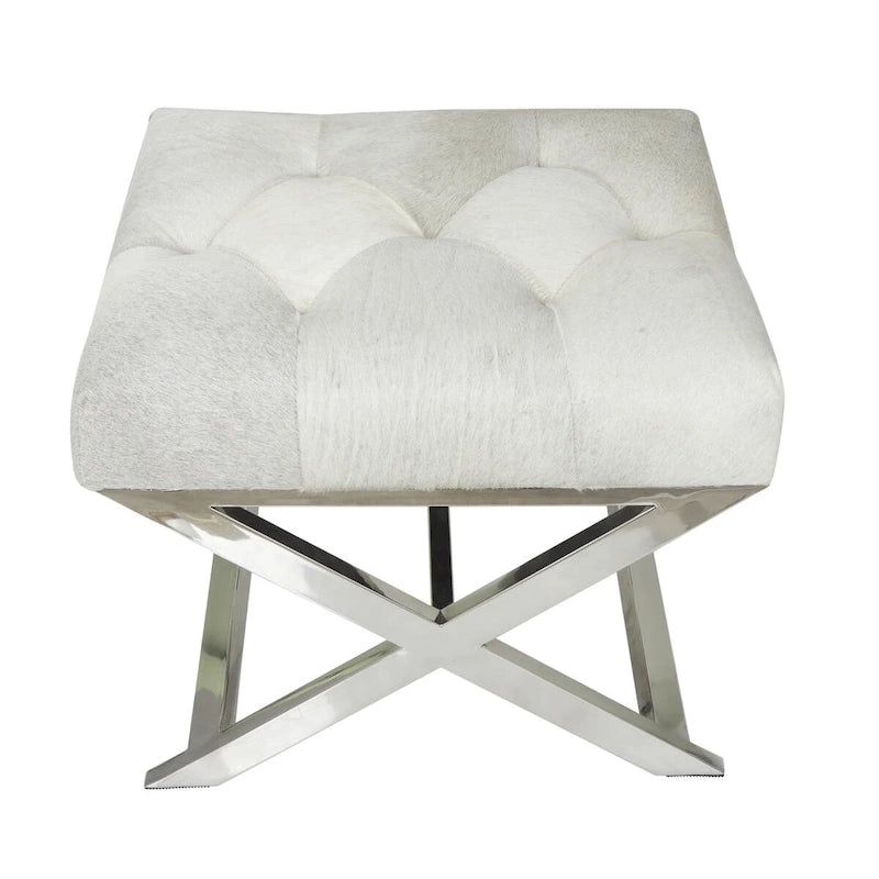 Leather Upholstered Tufted Home Bench with Silver Diagonal Base - Grey
