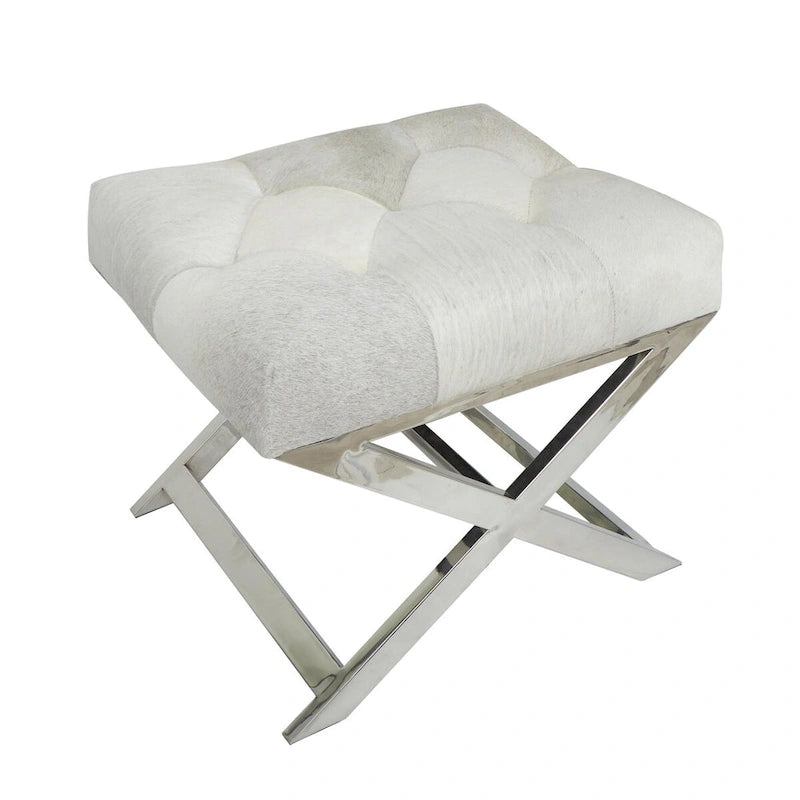 Leather Upholstered Tufted Home Bench with Silver Diagonal Base - Grey