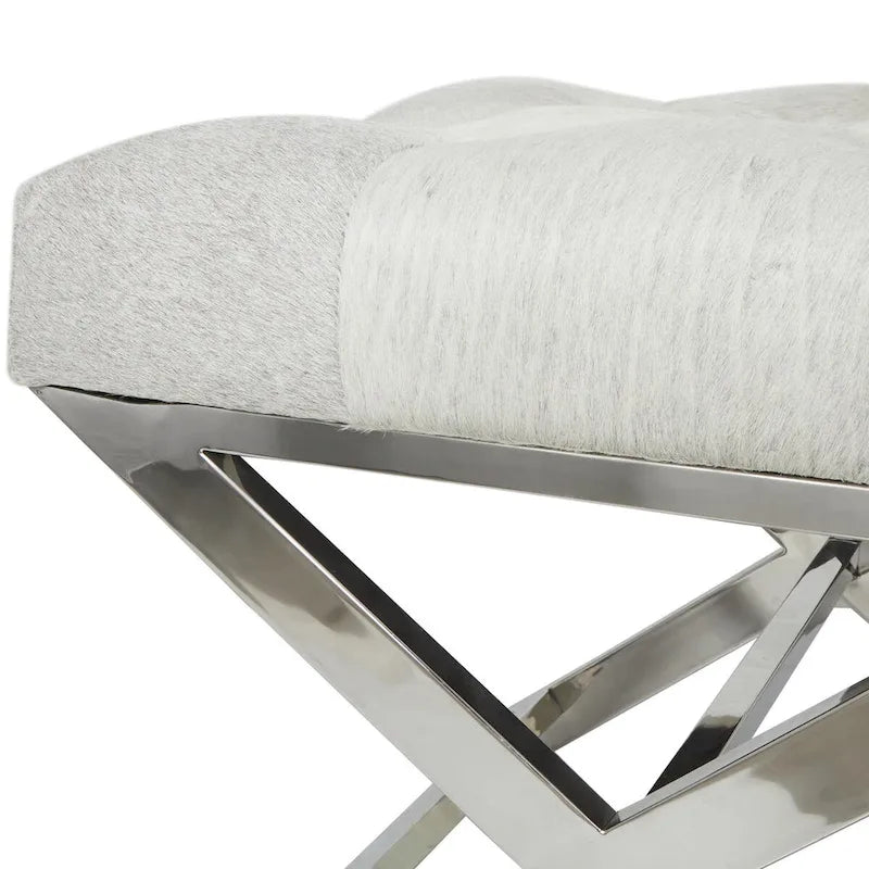 Leather Upholstered Tufted Home Bench with Silver Diagonal Base - Grey