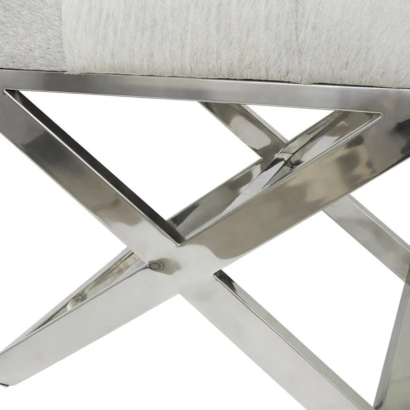 Leather Upholstered Tufted Home Bench with Silver Diagonal Base - Grey