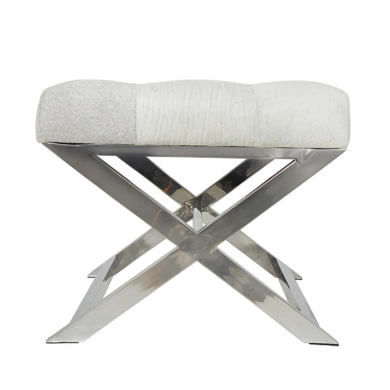 Leather Upholstered Tufted Home Bench with Silver Diagonal Base - Grey