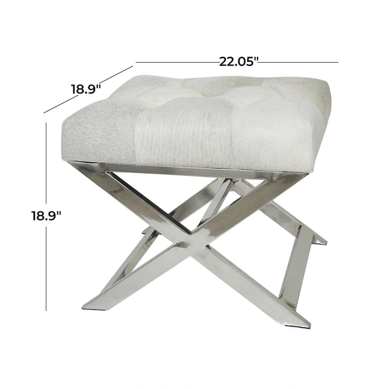 Leather Upholstered Tufted Home Bench with Silver Diagonal Base - Grey